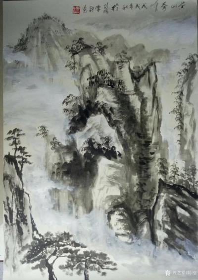 陈刚日记-《黄山奇峰》，《蓑翁独钓》，国画近作，丙烯加马莉黑，尺寸60x80cm【图1】