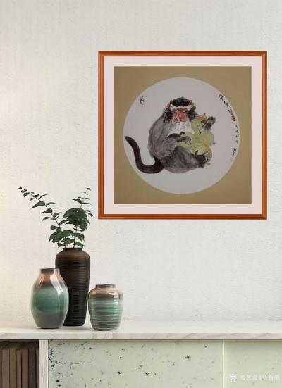 马新荣日记-《多多益善》，国画新作，猴子护桃图，尺寸68x68厘米，【图2】