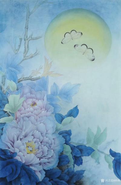韩梅日记-工笔花鸟画《荷塘月色》，《月下牡丹》，描绘美丽的夜景图，蓝色背景基调，让人心绪宁【图2】
