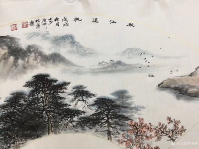 罗树辉日记-扇面《秋江远帆》，国画苍松系列新作品，尺寸38x66cm，请欣赏【图1】