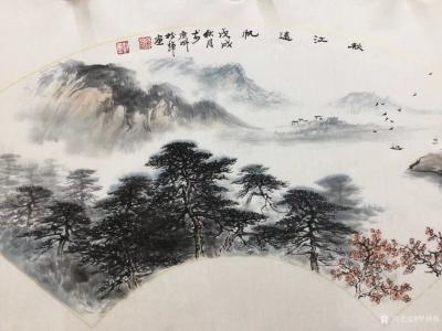 罗树辉日记-扇面《秋江远帆》，国画苍松系列新作品，尺寸38x66cm，请欣赏【图2】