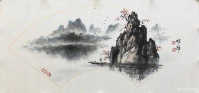 罗树辉日记-扇面《桂林小景》，国画山水画苍松系列新作品，尺寸38x66cm，请欣赏【图1】