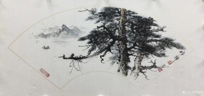 罗树辉日记-扇面《桂林小景》，国画山水画苍松系列新作品，尺寸38x66cm，请欣赏【图2】
