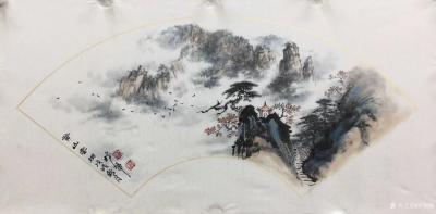 罗树辉日记-扇面《黄山云烟》，国画山水画苍松系列新作品，尺寸38x66cm，请欣赏【图1】