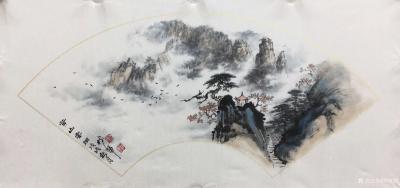 罗树辉日记-扇面《黄山云烟》，国画山水画苍松系列新作品，尺寸38x66cm，请欣赏【图4】