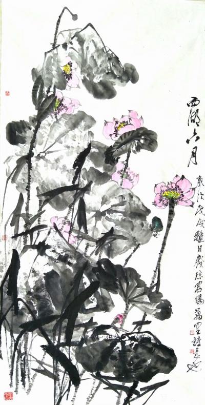 甘庆琼日记-国画写意四季花卉之《远山无晦明，秋水千里白》尺寸146X369cm，《西湖六月》【图1】