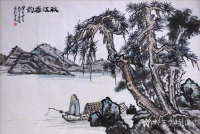 吴谦弘日记-国画山水画《秋江垂钓》，绫面镜片，画芯约高68.5宽101.5厘米、镜片高80.【图1】
