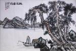 吴谦弘日志-国画山水画《秋江垂钓》，绫面镜片，画芯约高68.5宽101.【图1】
