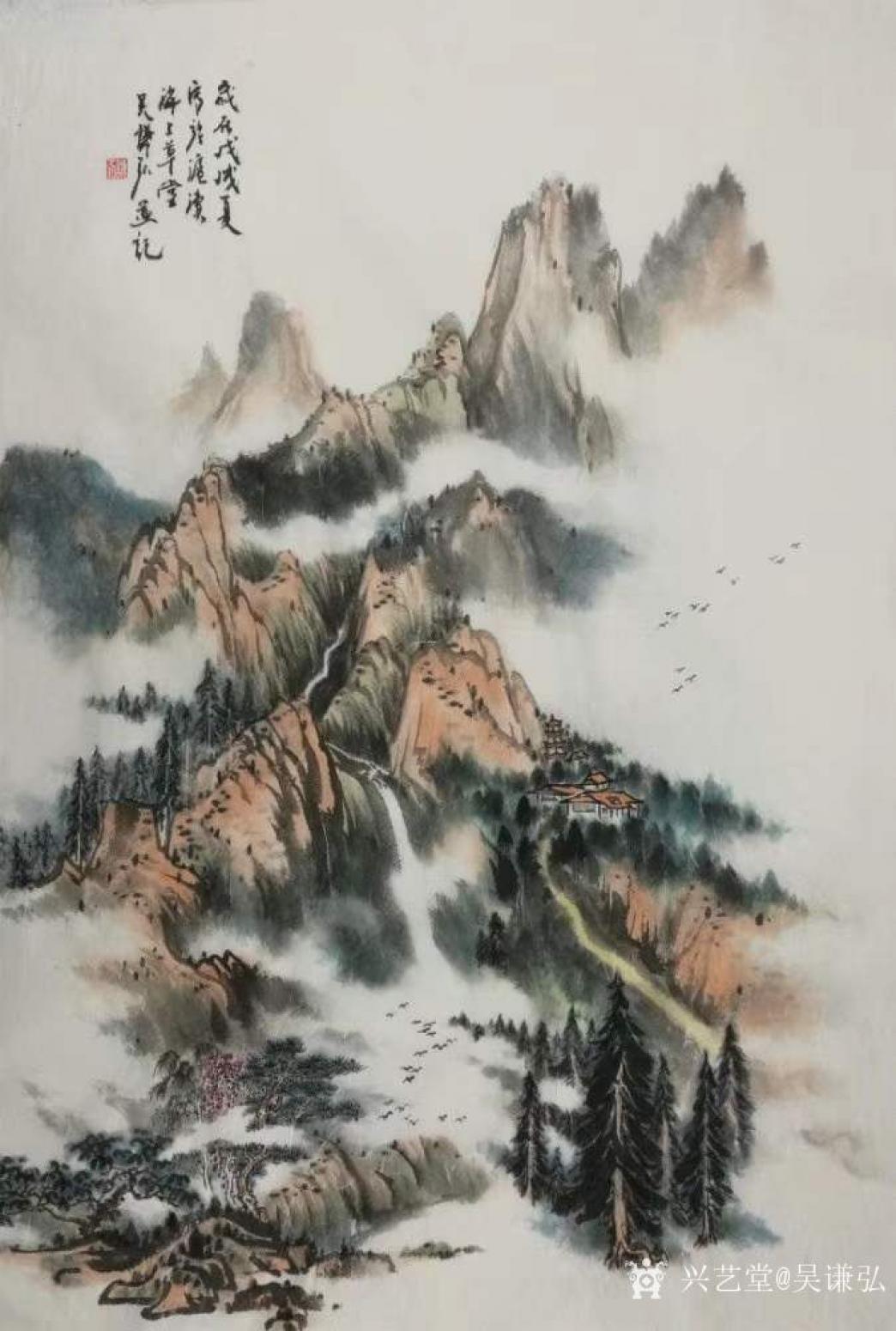 吴谦弘国画作品《山居图-吴谦弘红木绫》