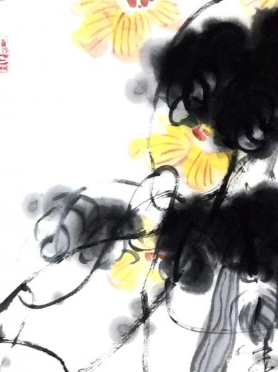 龚光万日记-国画写意花鸟画《  丝瓜  • 鸡雏 》，附局部图，尺寸四尺68x138厘米。【图2】