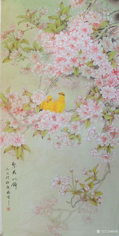韩梅日记-新作工笔花鸟画樱花《繁花似锦》，尺寸四尺整张68x138cm，请欣赏，手工绘制，【图1】