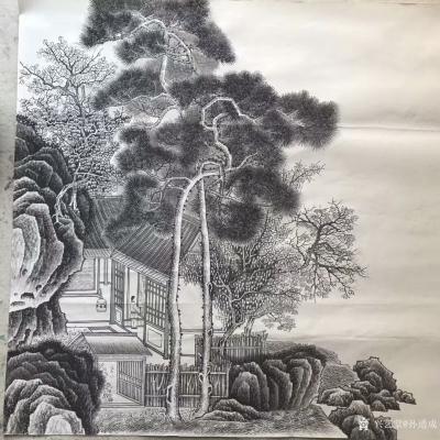 孙通成日记-最近创作的两幅国画山水画《山居图》，上色前后对比图，尺寸四尺斗方68x68厘米，【图1】