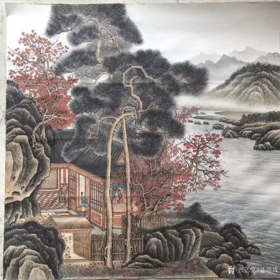 孙通成日记-最近创作的两幅国画山水画《山居图》，上色前后对比图，尺寸四尺斗方68x68厘米，【图2】