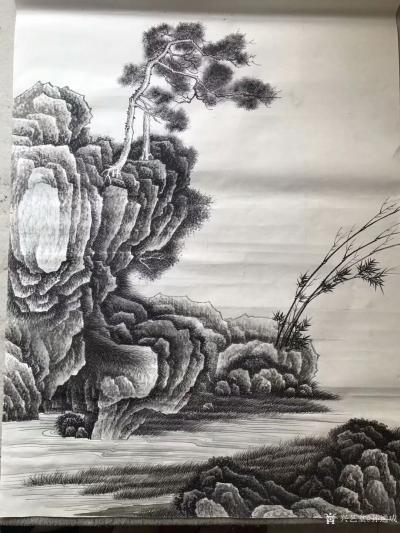 孙通成日记-最近创作的两幅国画山水画《山居图》，上色前后对比图，尺寸四尺斗方68x68厘米，【图3】