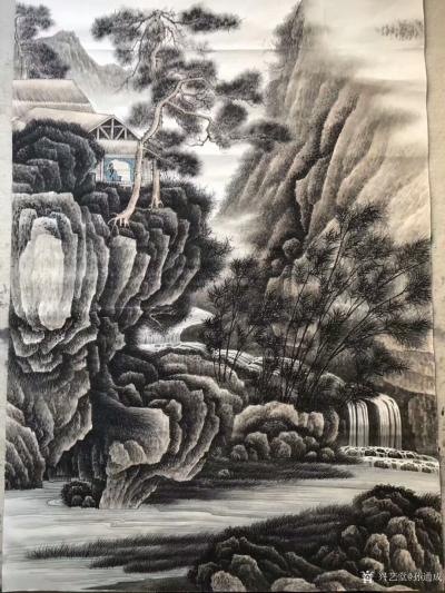 孙通成日记-最近创作的两幅国画山水画《山居图》，上色前后对比图，尺寸四尺斗方68x68厘米，【图4】