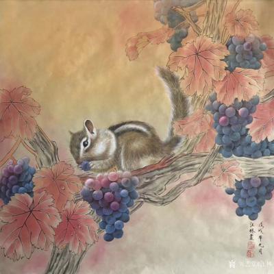汪林日记-新作国画工笔画《松鼠葡萄》尺寸60×60CM，《猫咪荷花》，尺寸60×100CM【图1】