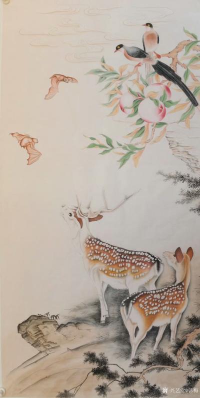 韩梅日记-新作工笔画梅花鹿《福禄寿喜图》，尺寸四尺整张68x138cm，附局部图，请欣赏，【图1】