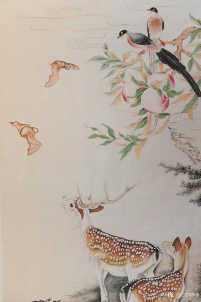 韩梅日记-新作工笔画梅花鹿《福禄寿喜图》，尺寸四尺整张68x138cm，附局部图，请欣赏，【图4】