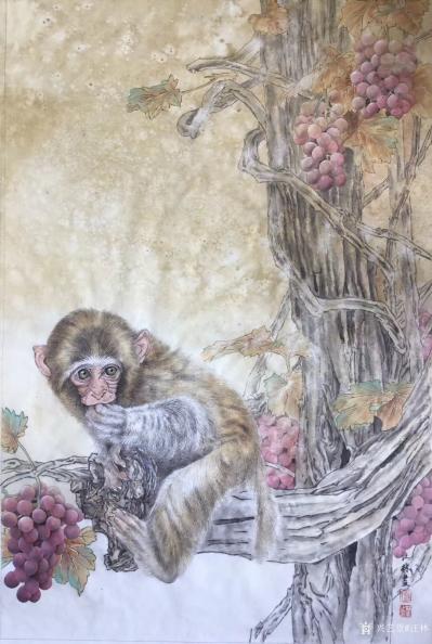 汪林日记-新作国画工笔画《猴子葡萄》刚刚绘制完成，尺寸57×88CM，附局部图，分享给大家【图3】