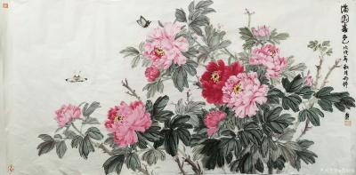 郭雨铮日记-雨铮国画牡丹作品《满园春色》，《蝶恋花》，尺寸四尺68*138cm。
分享: 【图2】