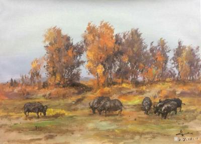 宋德发日记-乡村题材水粉画近作一组，《牧牛图》，《玉米地》，《江边小路》，尺寸60x80cm【图1】