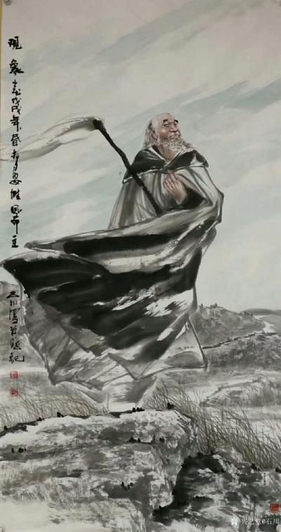 石川日记-石川国画人物画《大道无边》，《紫气东来》老子骑牛出关图，《观象》，《昔为汉室忠良【图3】