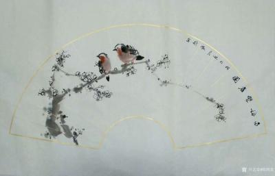 欧凯歌日记-久不畫梅花，今作《白梅雙雀圖》，扇面国画花鸟，手生不盡意！【图1】