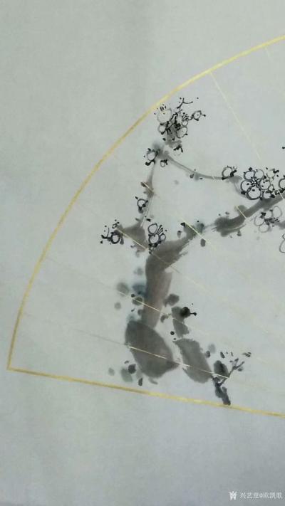 欧凯歌日记-久不畫梅花，今作《白梅雙雀圖》，扇面国画花鸟，手生不盡意！【图2】