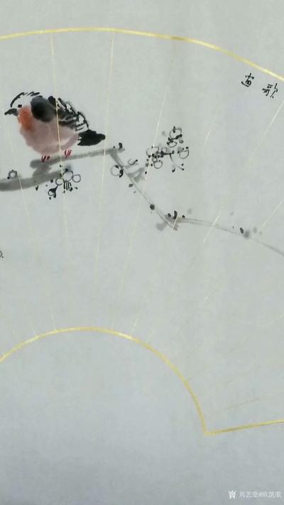 欧凯歌日记-久不畫梅花，今作《白梅雙雀圖》，扇面国画花鸟，手生不盡意！【图3】