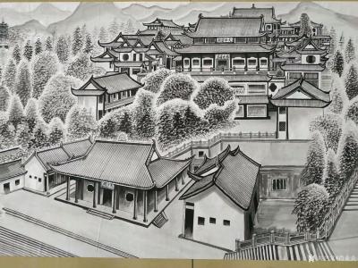 肖业炎日记-正在创作深圳古村丶古城百米工笔界画长卷。(图为深圳弘法寺)，分享给大家品评【图2】