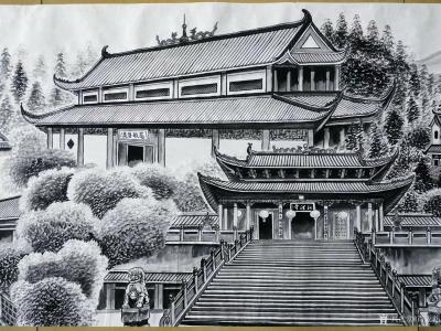 肖业炎日记-正在创作深圳古村丶古城百米工笔界画长卷。(图为深圳弘法寺)，分享给大家品评【图4】