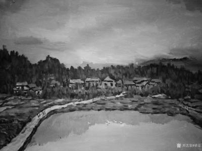 梁京日记-自然野逸：水粉画作品《村头风景》，梁京2018年作品，附绘制上色步骤图例，请指导【图1】