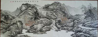 高勇利日记-国画山水画新作《溪山清秋图》，尺寸小六尺，180×68cm，软片未装裱。分享整图【图1】