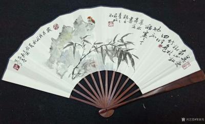 邹家亮日记-扇面国画写意花鸟书画作品5件：《清风》不种闲花池亭边不种闲花,池亭畔、几竿修竹。【图5】