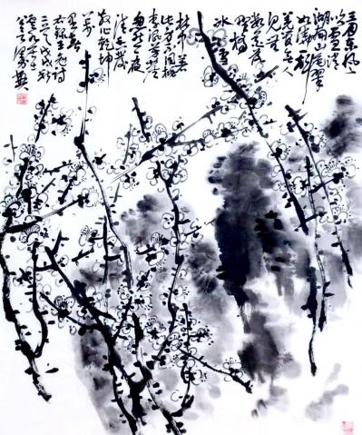 龚光万日记-国画花鸟梅花之白梅，录王冕诗《三月东风吹雪消，湖南山色翠如浇。一声羌管无人见，无【图1】