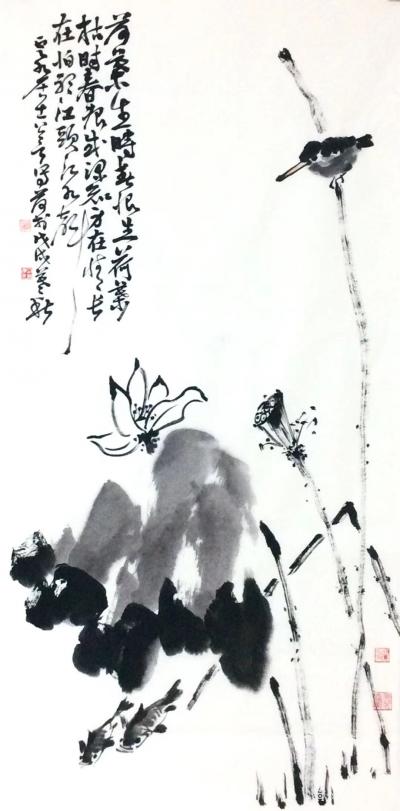 龚光万日记-国画写意花鸟画《 柳舞春池》，尺寸四尺整张138x68cm，第二幅写意花鸟画《 【图3】