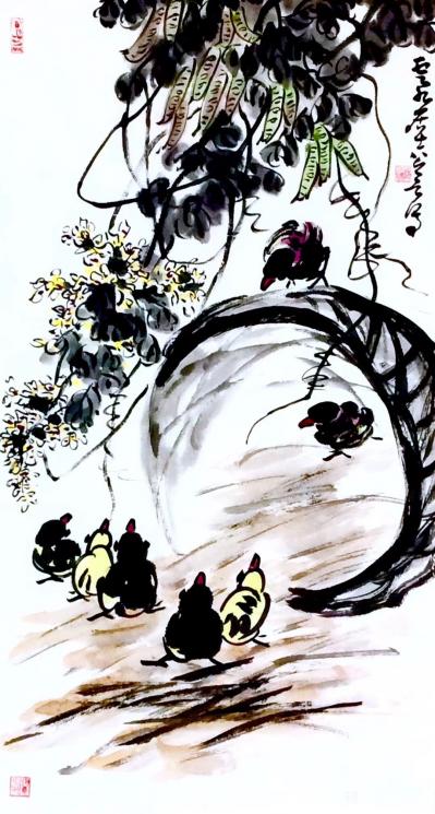 龚光万日记-国画花鸟画《扁豆花香》，画面诗意：“一庭春雨瓢儿菜，满架秋风扁豆花”，作品尺寸四【图1】