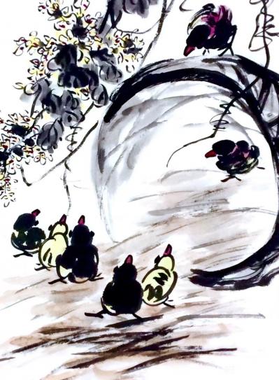 龚光万日记-国画花鸟画《扁豆花香》，画面诗意：“一庭春雨瓢儿菜，满架秋风扁豆花”，作品尺寸四【图3】