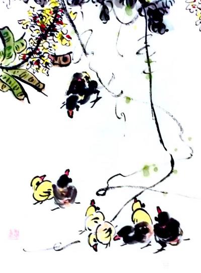 龚光万日记-国画花鸟画《扁豆花香》，画面诗意：“一庭春雨瓢儿菜，满架秋风扁豆花”，作品尺寸四【图4】