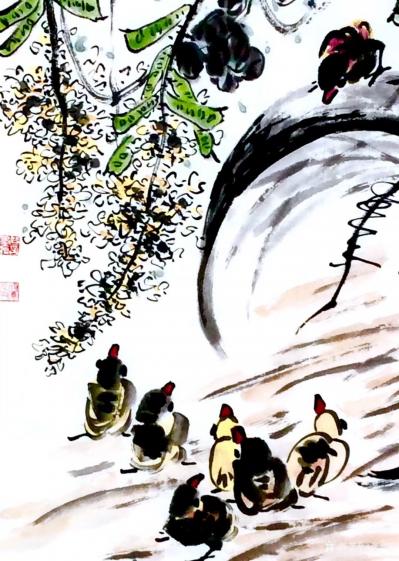 龚光万日记-国画花鸟画《扁豆花香》，画面诗意：“一庭春雨瓢儿菜，满架秋风扁豆花”，作品尺寸四【图5】