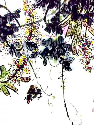 龚光万日记-国画花鸟画《扁豆花香》，画面诗意：“一庭春雨瓢儿菜，满架秋风扁豆花”，作品尺寸四【图7】