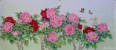 胡记领日记-国画工笔花鸟画《花开富贵》牡丹花鸟系列作品，尺寸小六尺180*70厘米，近期客户【图1】