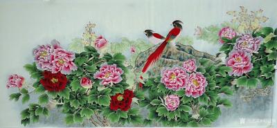 胡记领日记-国画工笔花鸟画《花开富贵》牡丹花鸟系列作品，尺寸小六尺180*70厘米，近期客户【图2】