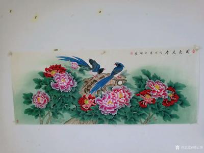 胡记领日记-国画工笔花鸟画《花开富贵》牡丹花鸟系列作品，尺寸小六尺180*70厘米，近期客户【图3】
