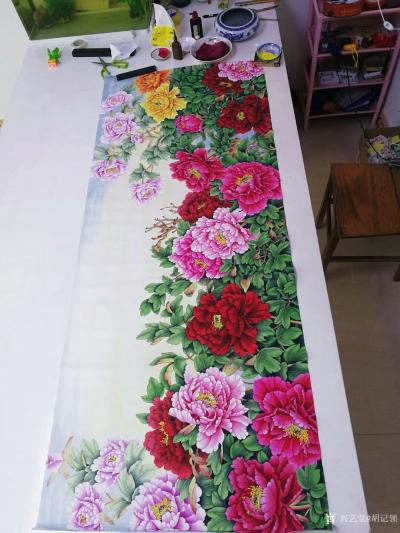 胡记领日记-国画工笔花鸟画《花开富贵》牡丹花鸟系列作品，尺寸小六尺180*70厘米，近期客户【图4】