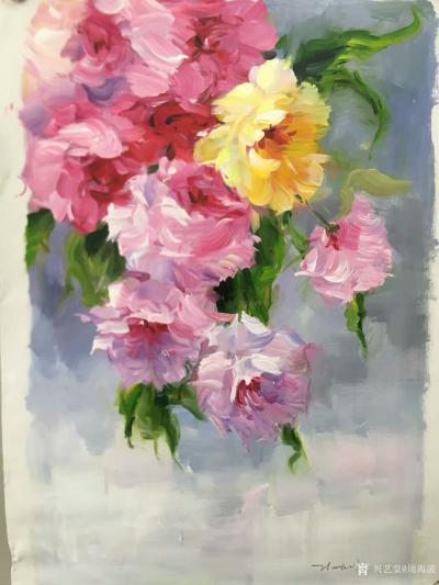 周海波日记-现代印象派油画作品《红牡丹》系列作品，适合现代中式家装！尺寸40x60cm，新完【图1】