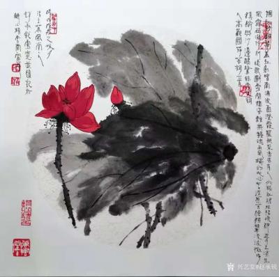 赵承锐日记-国画花鸟荷花作品《红影暗南浦》，尺寸四尺斗方68*68厘米，赵承锐戊戍年秋国画水【图1】