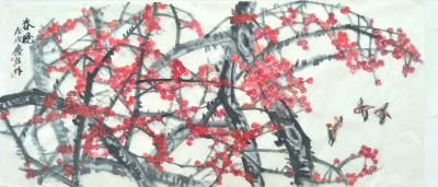 甘庆琼日记-国画花鸟画梅花《春晓》，作品尺寸横幅80x180cm，客户私人订制，已经出售；第【图1】