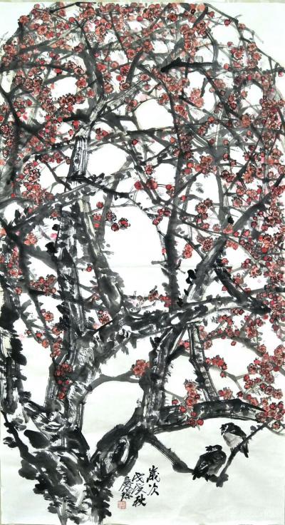 甘庆琼日记-国画花鸟画梅花《春晓》，作品尺寸横幅80x180cm，客户私人订制，已经出售；第【图2】