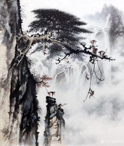 罗树辉日记-国画松树《空谷猿鸣》，尺寸六尺斗方98x98cm，戊戍秋月作于广州芳村松云居工作【图1】